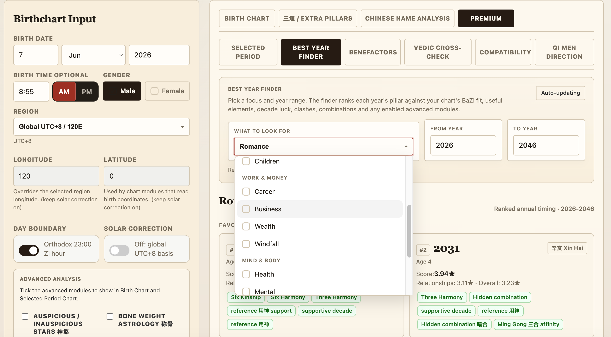 Advanced BaZi Calculator Premium Edition interface